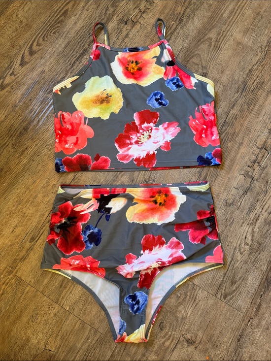 Other - High-Neck Floral Crop Bikini Set in Gray with Red & Pink Blooms